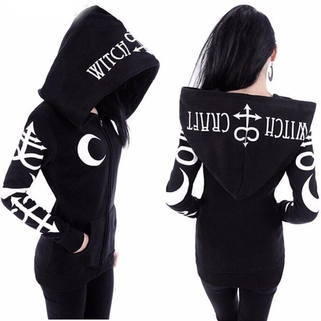 Pntutb Mujeres Loose Gothic Punk Manga Larga Con Capucha Estampado Negro Cardigan Chaqueta Abrigo Pntutb Pntutb-6705