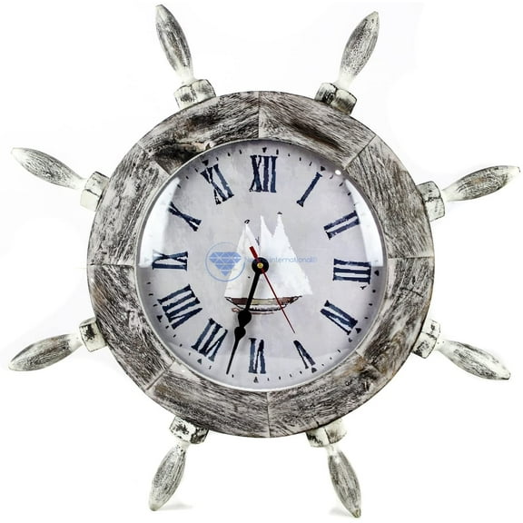 Nagina International 20" Antique Rustic Shabby White Grey Nautical Ship Wheel with Boat Dial Faced Time's Wall Decor Clock - Pirate Nursery Ocean Beach Home Decor Gift