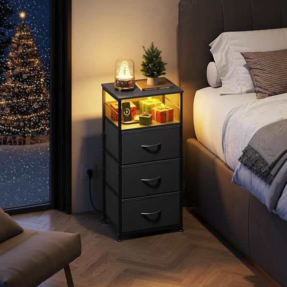 Nightstand with Charging Station, 31.9" H Nightstand with 3 Fabric Drawers, LED Bedside Table with USB Ports and Outlets, End Table for Dorm, Bedroom, Entryway, Black