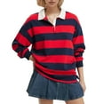 thumbnail image 1 of MeetoTime Women's Button Down Sweatshirt V-Neck Striped Pullover 2024 Fall Trendy Casual Tops, 1 of 7