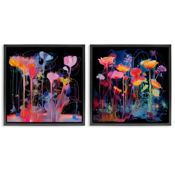 Stupell Industries Contrasting Otherworldly Blossoms Abstract Painting Black Floater Framed Canvas Art Print Wall Art, 18 x 18, Set of 2