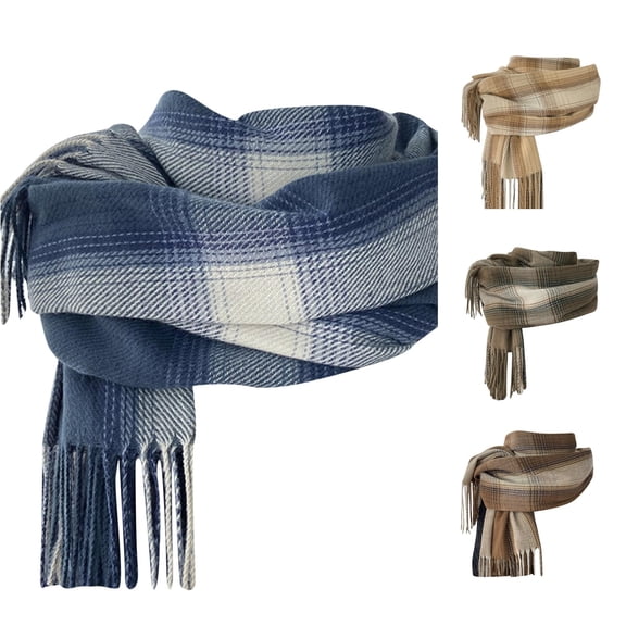 HNMKIU Women Fall Winter Scarf Classic Warm Soft Large Blanket Wrap Shawl Scarves Cozy Knitted Oversized Fringed Plaid Neckwear Accessory Navy - One Size