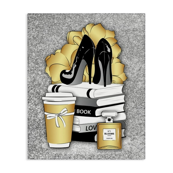 Stupell Industries Gold & Black Glam Books Beauty & Fashion Painting Gallery Wrapped Canvas Art Print Wall Art, 16 x 20