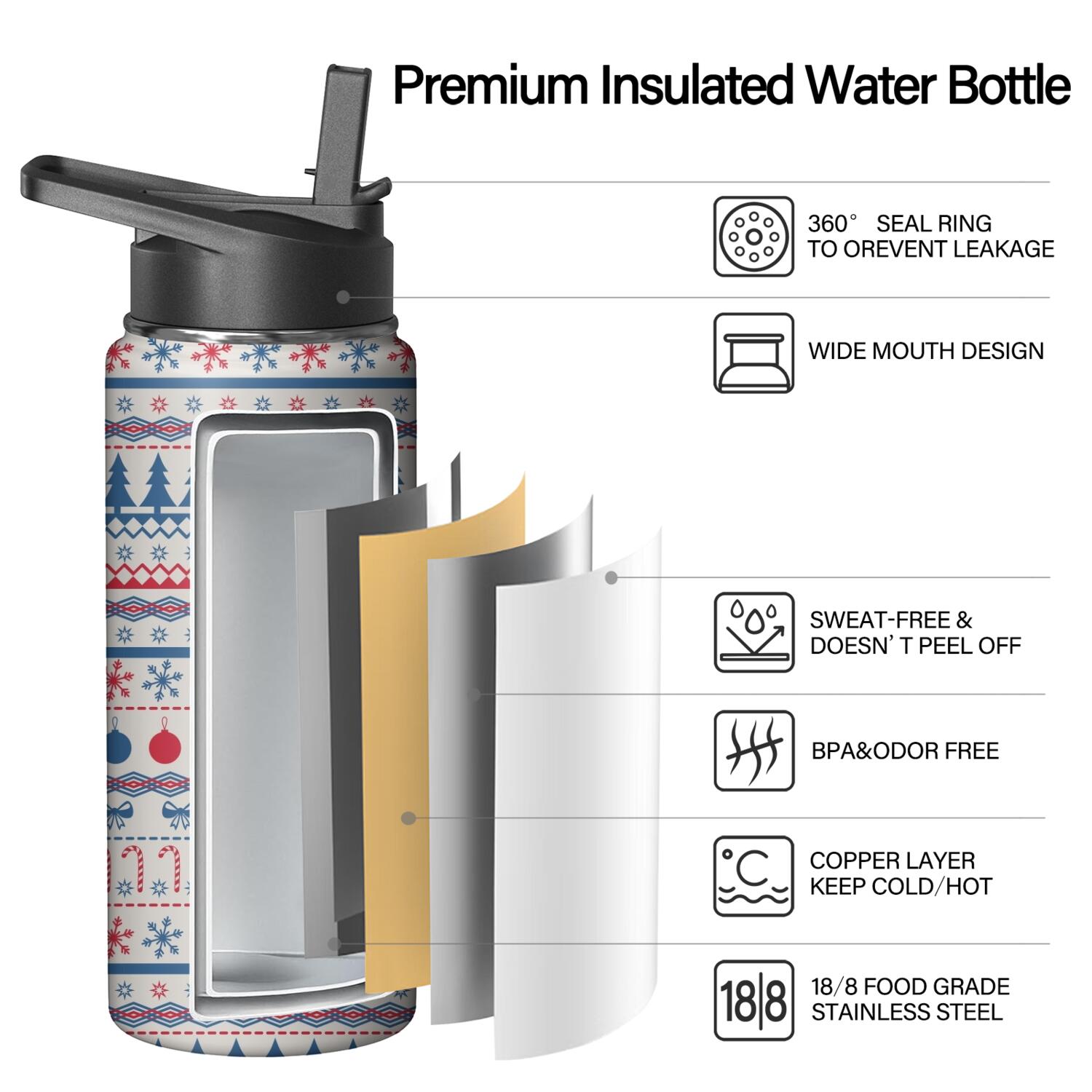 Christmas 18 oz Insulated Stainless Steel Water Bottle with Straw & Cleaning Brush , Leakproof, BPA-Free, 304 Stainless Steel, Wide Mouth, Travel Mug for Car, Gym, Office