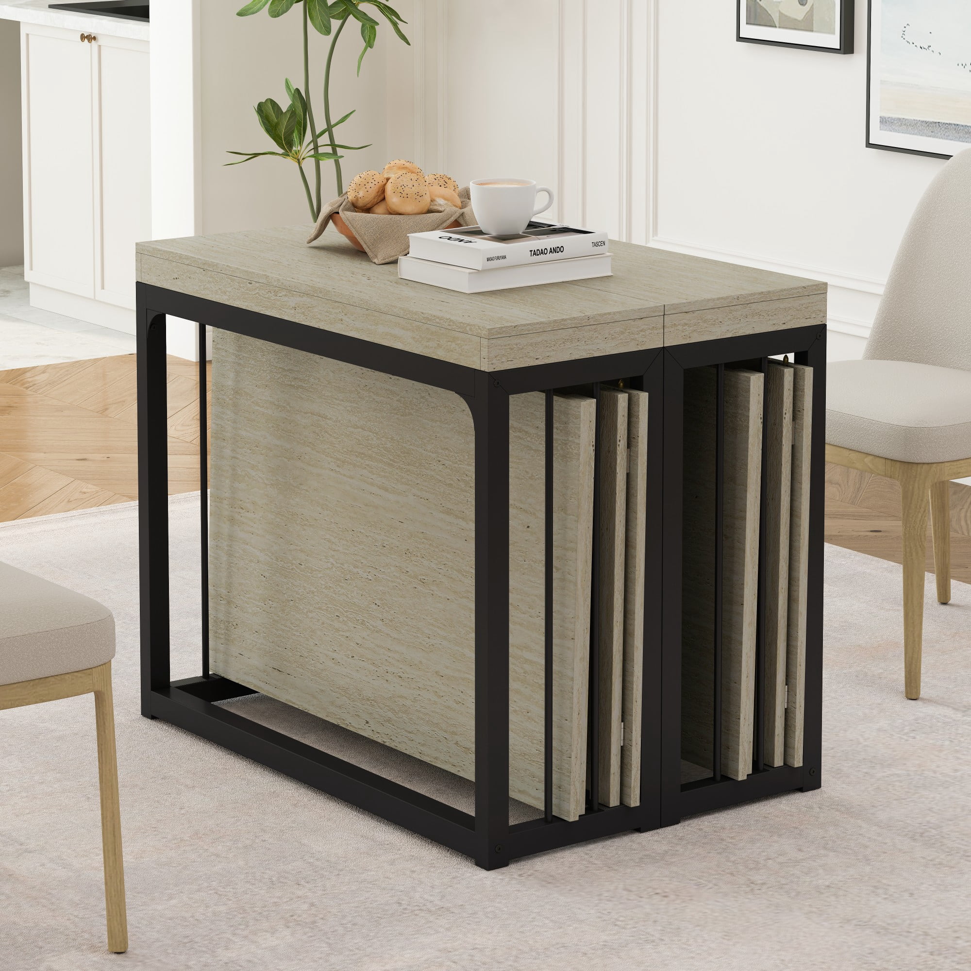 BSHTI 23.62"-118" MDF Extendable Rectangular Dining Table with Metal Base, Wood Grain Top for Kitchen/Dining Room（Ancient White）