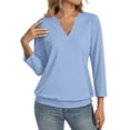 thumbnail image 2 of Womens 3/4 Sleeve Shirts Banded Bottom V Neck Summer Tops Loose Fit Casual Dressy Basic Tees Sky Blue 2XL, 2 of 6