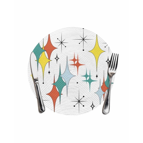 Round Woven Placemats 1 pc, Mid Century Modern Washable&Heat Resistant Plastic Wipeable Placemats for Round Table White Teal Orange Yellow Kitchen Dining Table Decor, 13in,