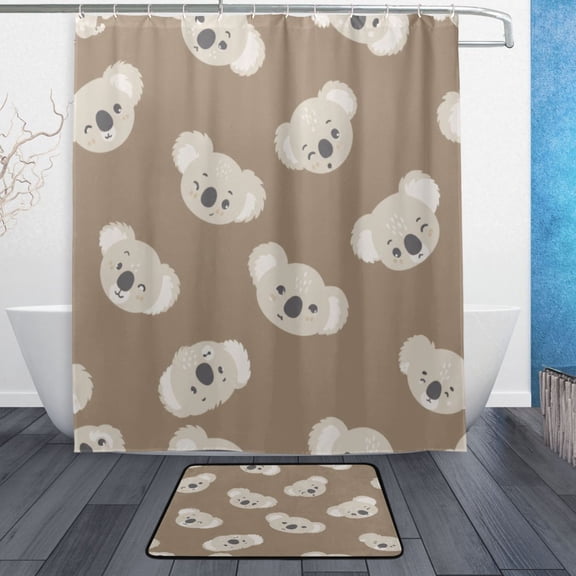 TTYFWHD 60" x 72" Shower Curtain and Bath Mat Set Brown Koala Face Pattern Waterproof Bathroom Curtain with 12 Hooks, Bathroom Decor Set
