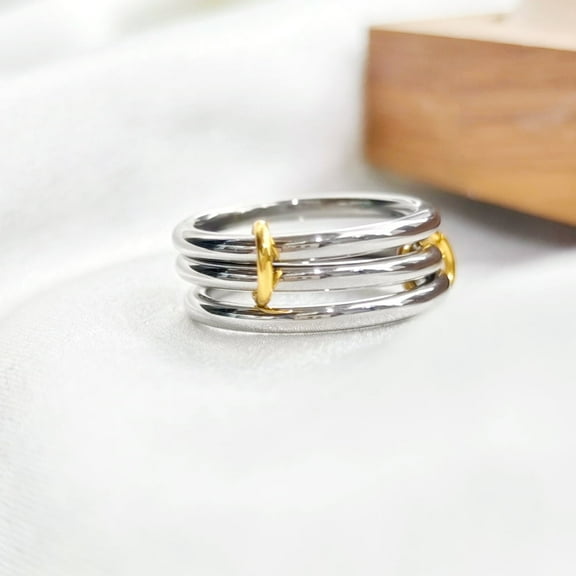 Gold Plated Stackable Rings for Women, Interlocked Mixed Metal Ring Set in Silver and Gold, Two-Toned Minimalist Jewelry Gift