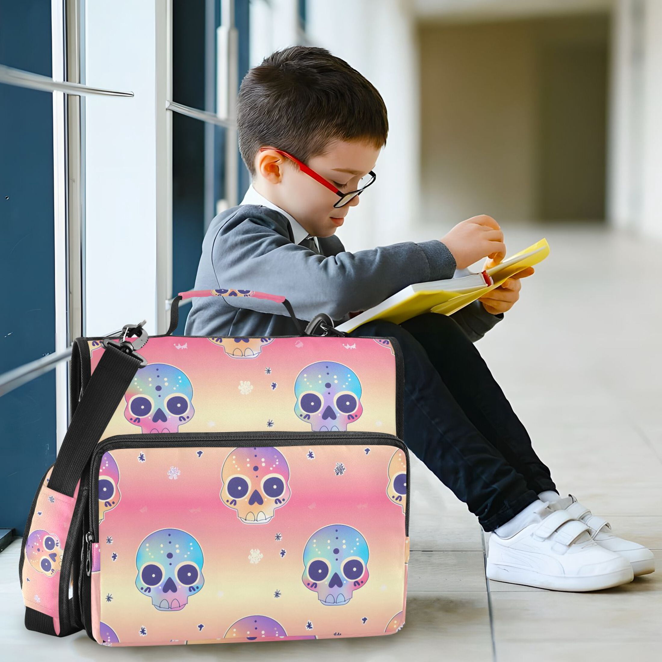 3 Ring Zipper Binder with Shoulder Strap Waterproof Trapper Keeper 2 Inch D-Ring 500 Sheets Capacity Cute Colorful Skull Head