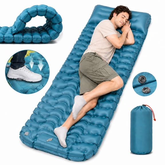 BNISE Camping Sleeping Pad, 4.7" Thick Inflatable Mat with 6.3" Pillow & Foot Pump, Waterproof Compact Air Mattress for Backpacking, Hiking, Tent Camping