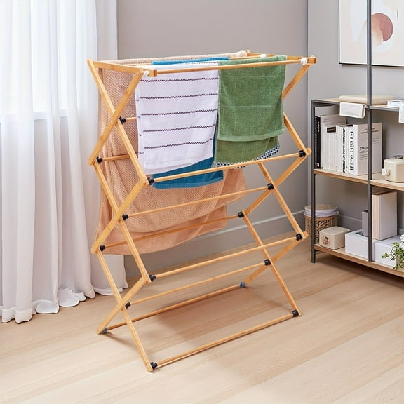 Multifunctional Bamboo Folding Clothes Drying Rack - Sturdy Durable Freestanding with Multiple Bars, Portable Foldable for Indoor Outdoor Use, Space-Saving Laundry Rack