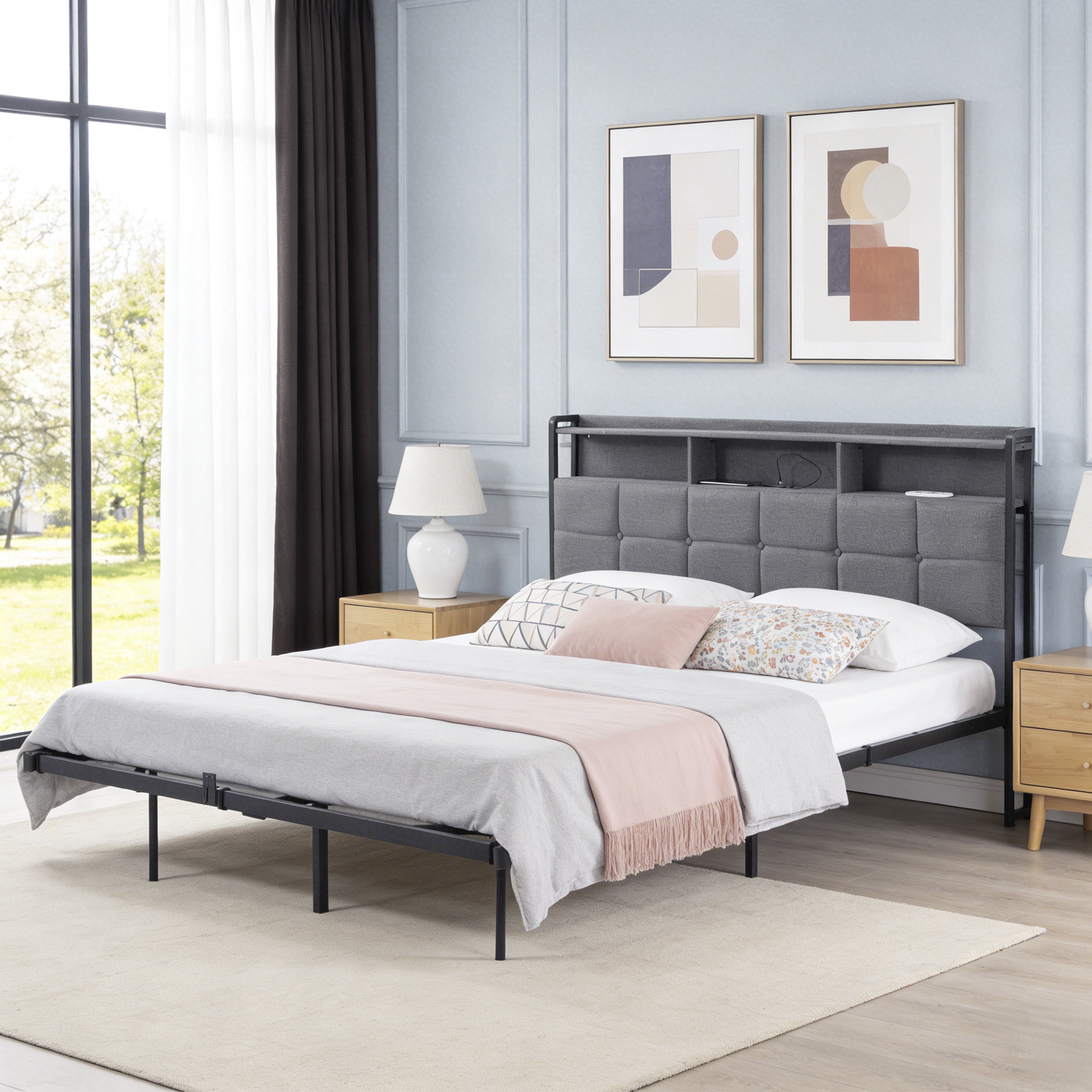 Gewnee Queen Size RGB LED Bed Frame with Charging Station, Shelf, Padded Headboard, Metal Platform, No Box Spring Needed for Bedroom, Gray