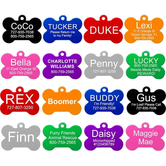 Pet ID Tags in 8 Shapes, 9 Colors, and Two Sizes - Personalized Dog and Cat Tags with 4 Lines of Customizable Text