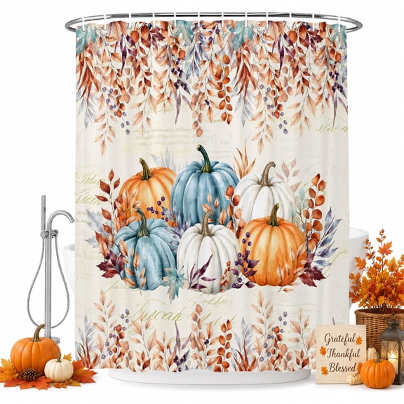 Brown Orange Pumpkins Fall Shower Curtain, Waterproof Shower Curtains for Bathroom, Thanksgiving Eucalyptus Leaves Autumn Washable Fabric Bathtub Curtain Set Bath Decor 12 Hooks Extra Long 72"x96"