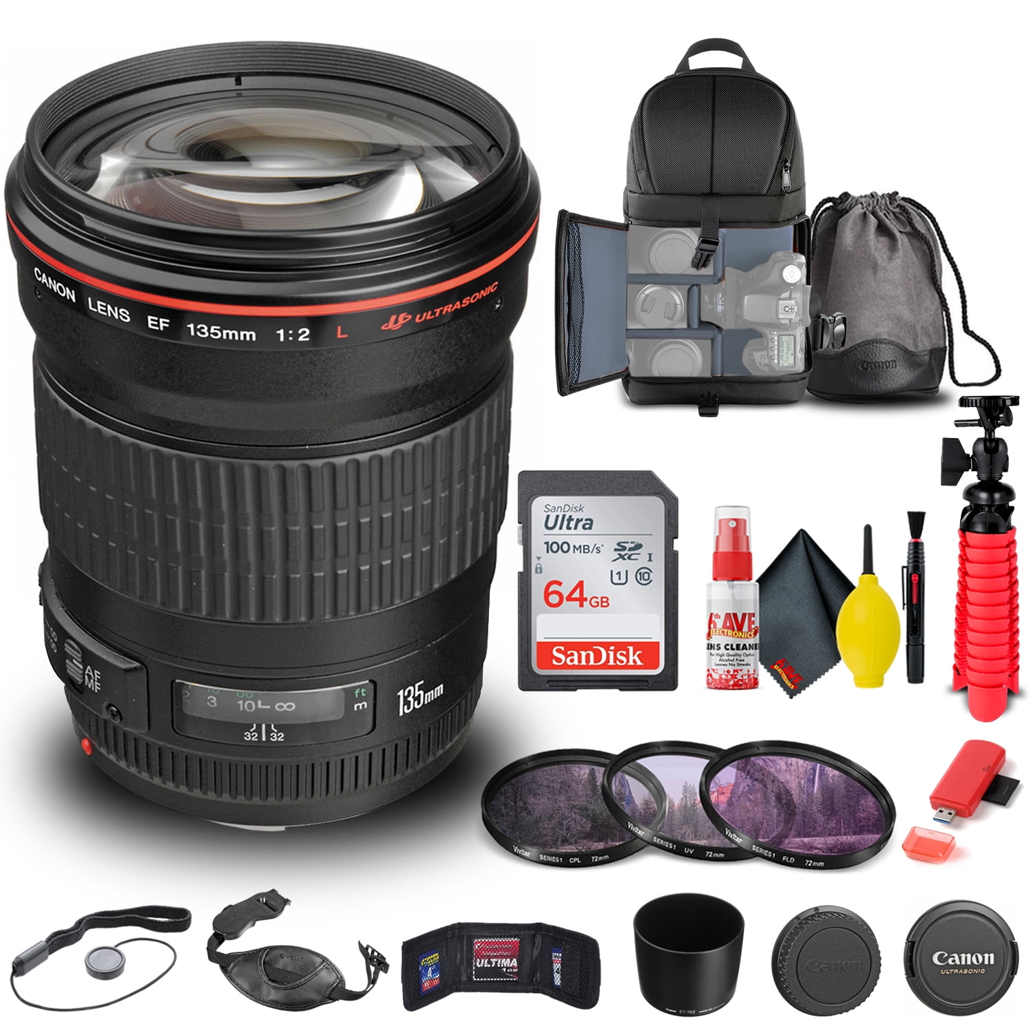 Canon EF 135mm f/2L USM Lens (2520A004) Filter BackPack 64GB