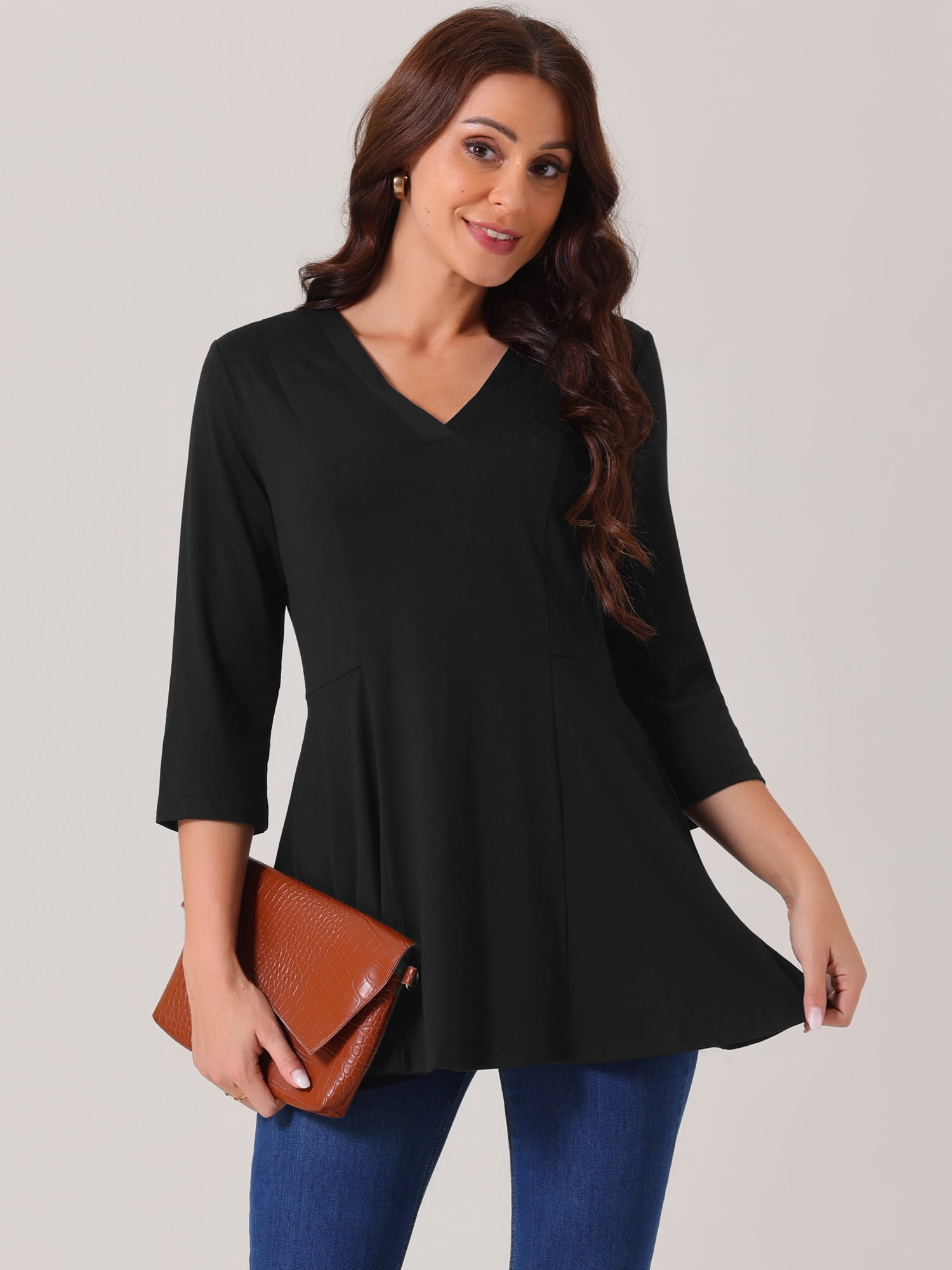 DARING DIVA Women's V Neck 3/4 Sleeve Casual Blouses with Pockets S Black