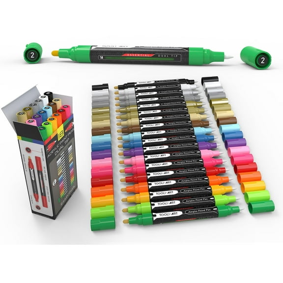 Tooli-Art Acrylic Paint Pens Assorted Multicolor Vibrant Markers with Double Sided Extra Fine And Medium Tip Marker Set of 18