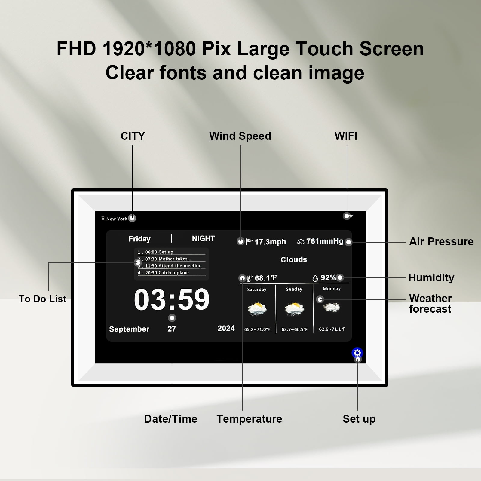 Jazeyeah No APP Large 15.6 Inch Touch Screen Digital Calendar, 64 Groups of Memos, Auto-Sync Time & Date,7-Day Weather Forecast, Wall Calendar