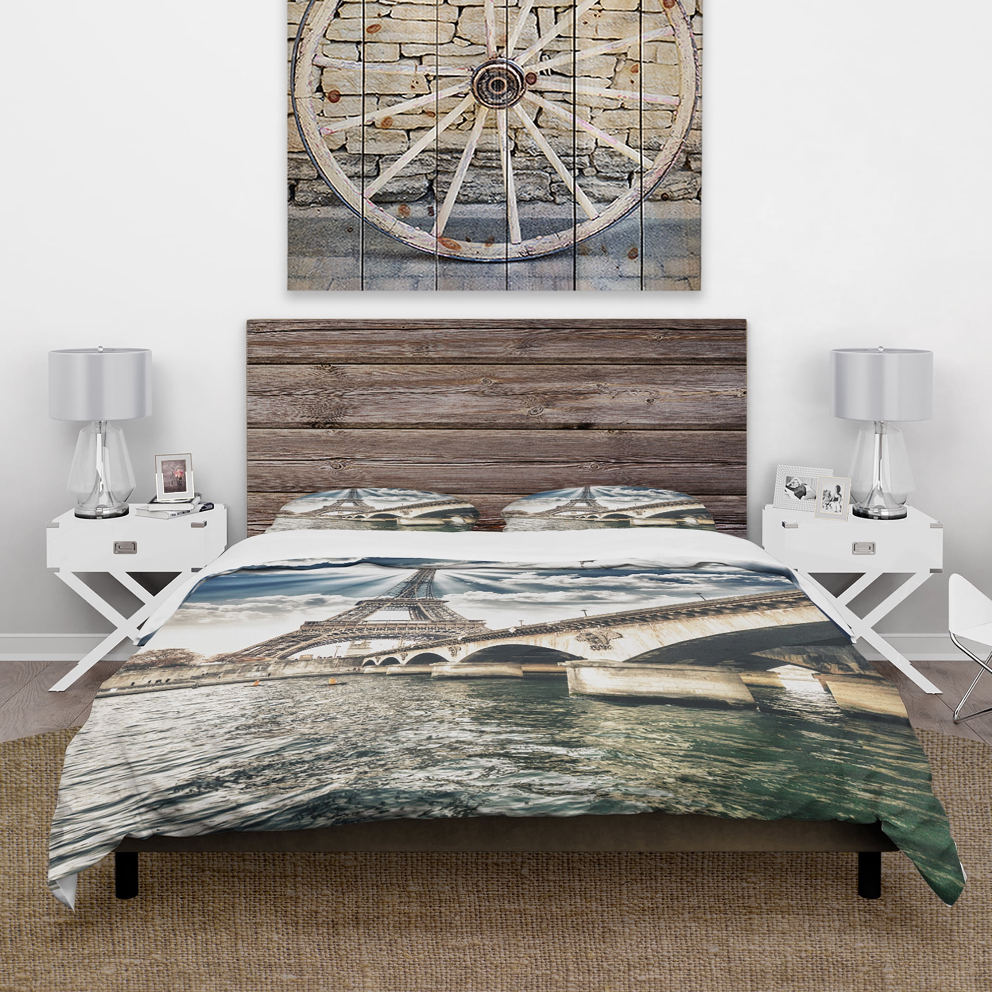 Designart 'Paris Eiffel Towerand Iena Bridge' Global Inspired Duvet Cover Set