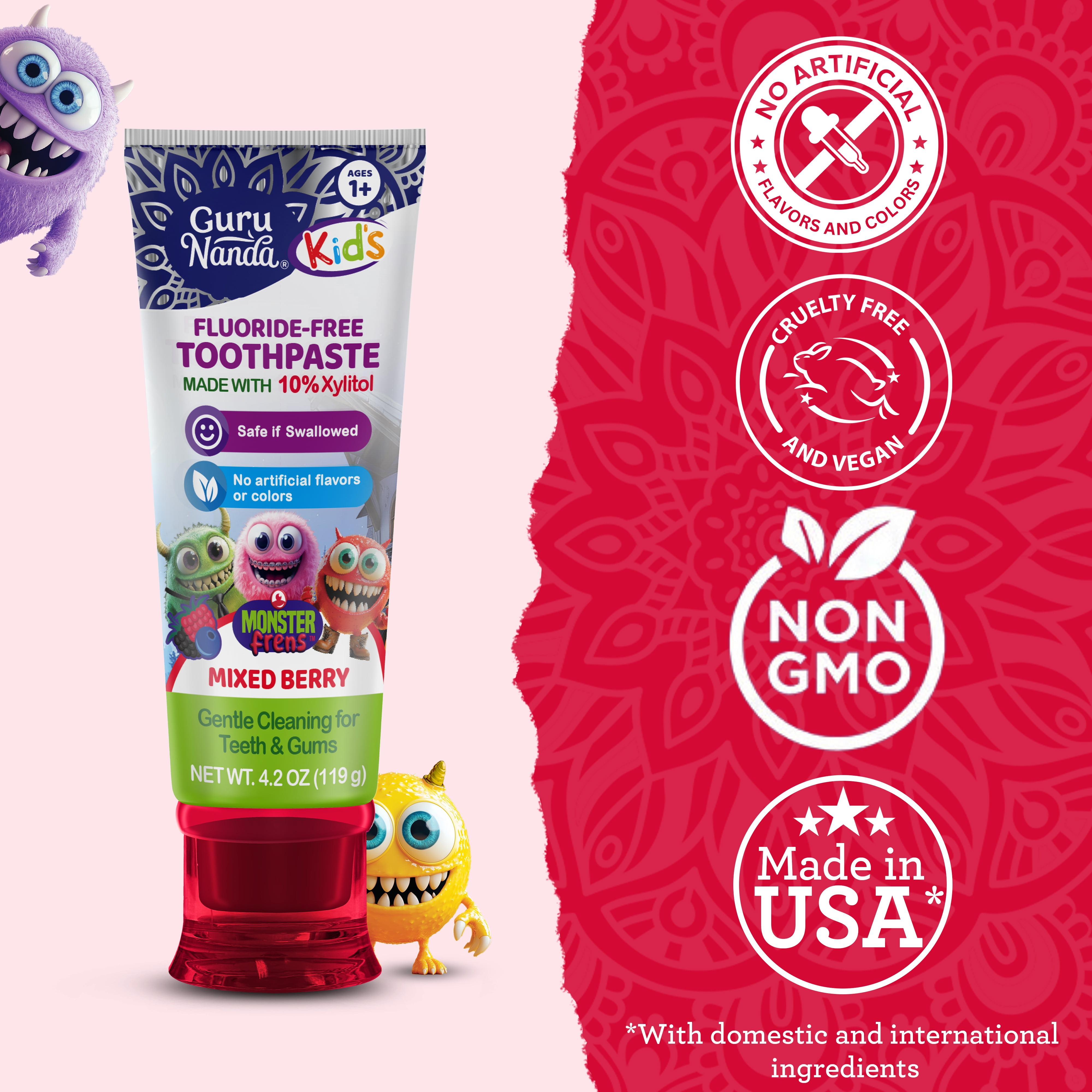 Gurunanda Kid's Toddler Toothpaste with Xylitol - Fluoride-Free - Mixed Berry Flavor - 4.2 oz