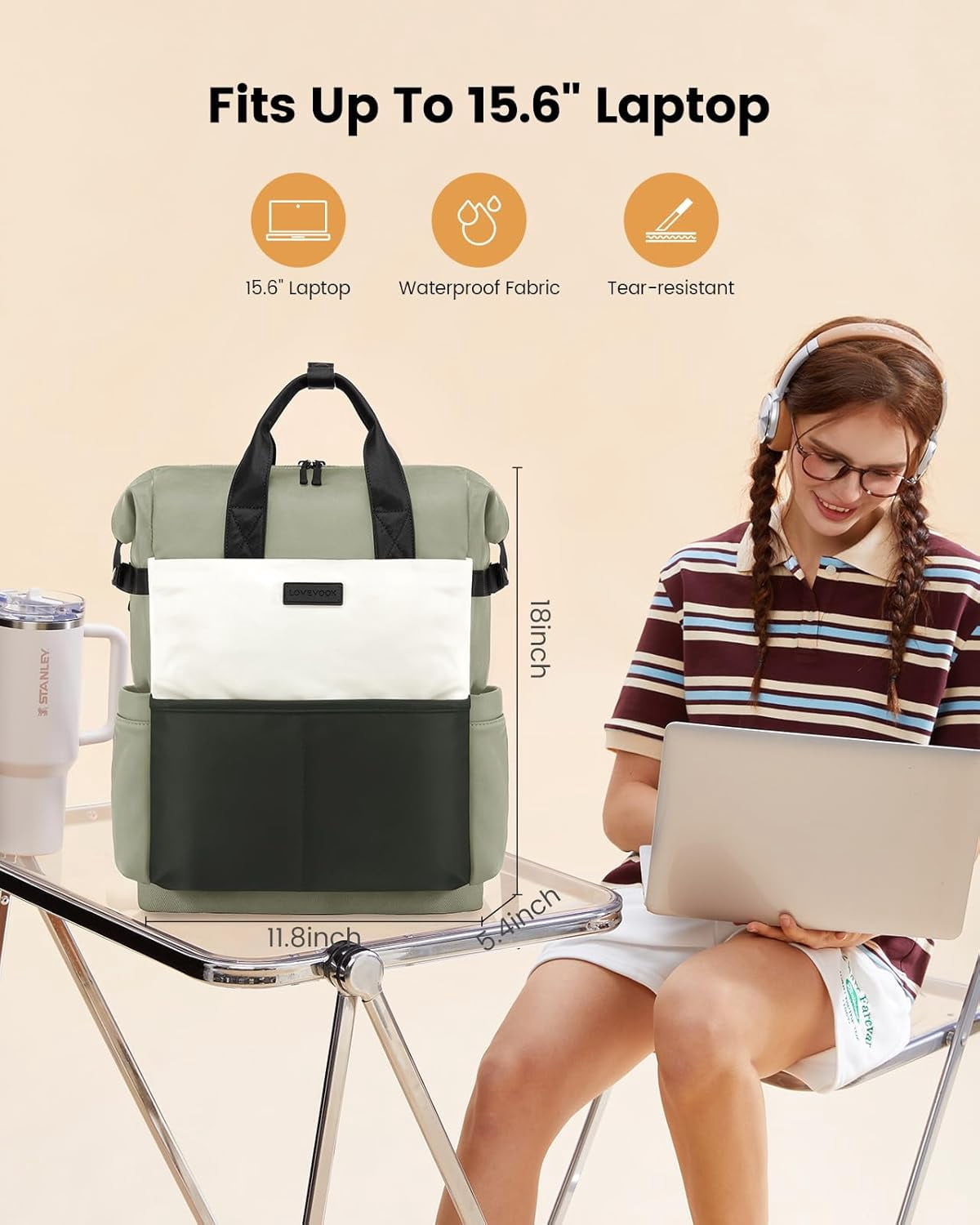 LOVEVOOK Laptop Backpack for Women,15.6 Inch Work Travel Backpack Purse for College Bookbag for Waterproof Computer Bag for Teacher Nurse Business, Black-Beige-Grey