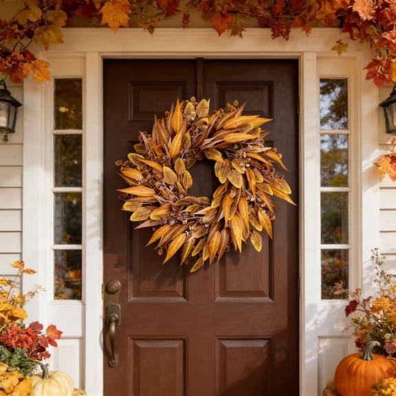 24 inch Fall Wreath for Front Door Outside Thanksgiving Decoration Artificial Autumn Eucalyptus Willow Leaf Wreath with Red Berries Holiday Deco