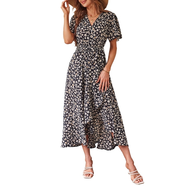 Vestido Maxi Floral con Escote en V y Cinturón PRETTYGARDEN para Mujer XL