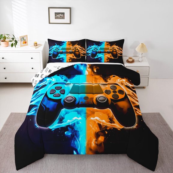 Erosebridal Gamer Comforter Set Twin Size Gaming Comforter Teens Modern Game Console Controller Bedding Set Joystick Room Decor Blue Orange Quilt Set