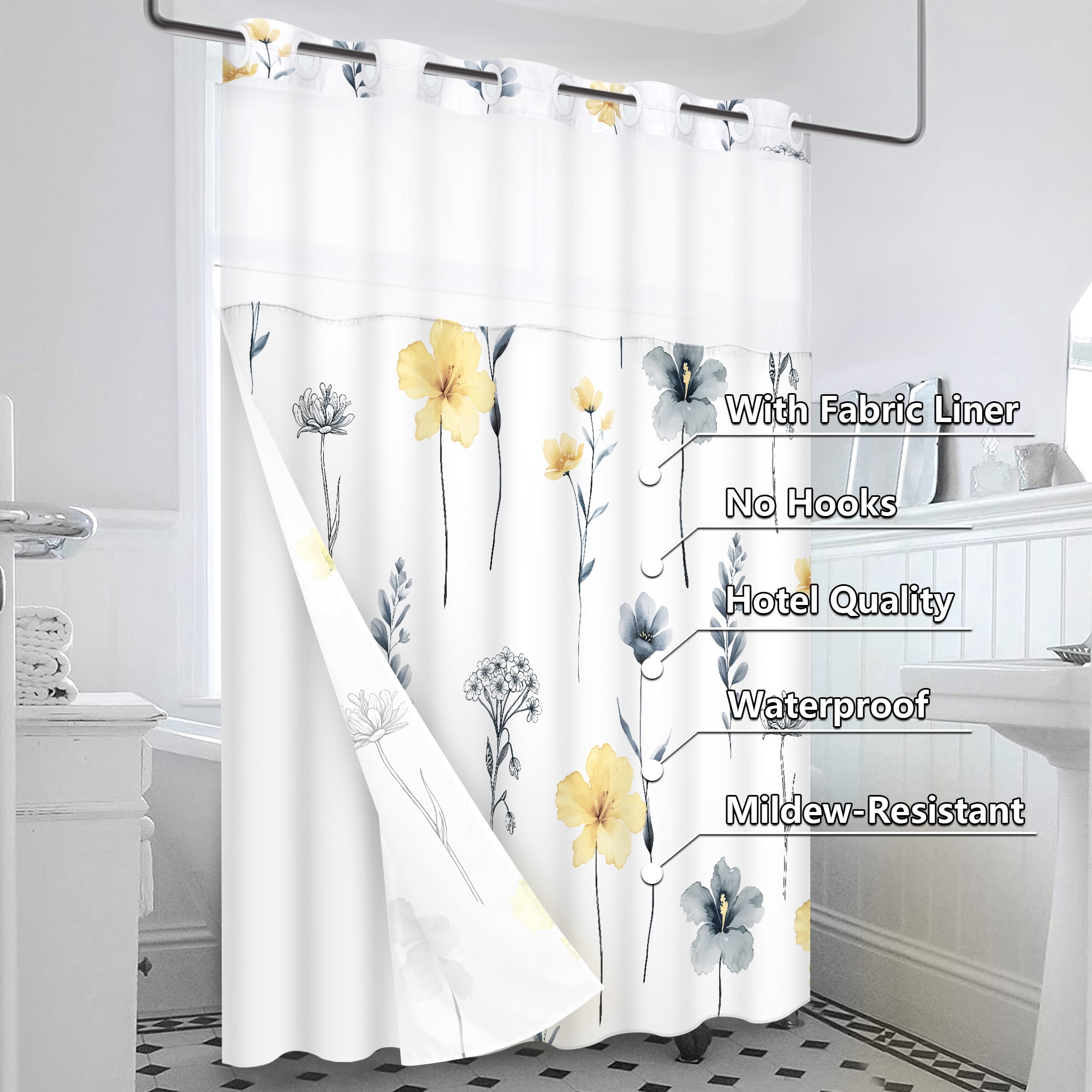 Ikfashoni Hookless Shower Curtain with Snap in Liner, Yellow Watercolor Flowers No Hook Waterproof Bath Curtain, 71"X74"