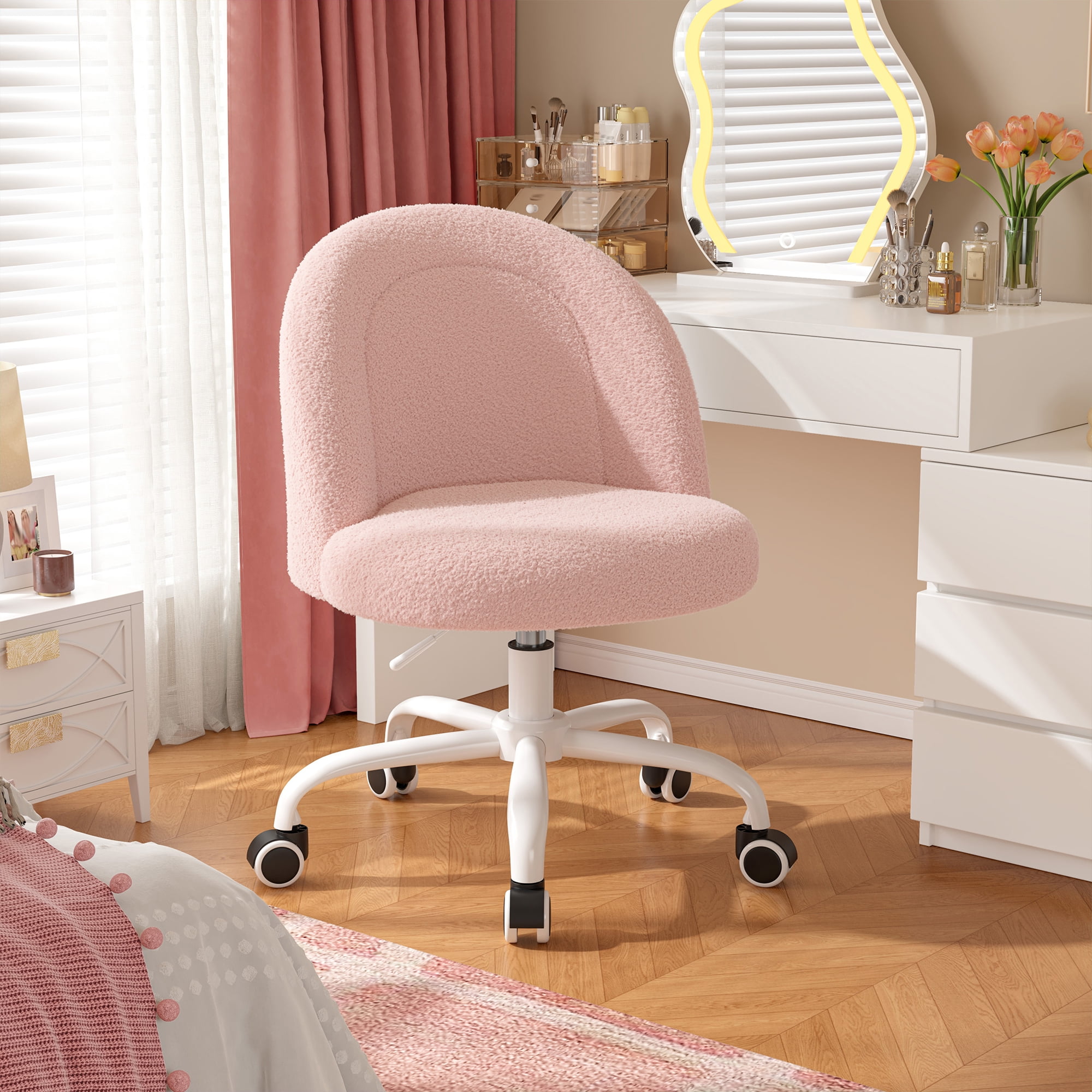 Romorgniz Vanity Chair Height Adjustable Desk Chair with Wheels, Armless Office Chair with Soft Lumbar Support for Small Space, Bedroom, Home office, Blush Pink