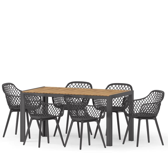GDF Studio Lorena Outdoor Resin and Acacia Wood 7 Piece Dining Set, Black and Teak