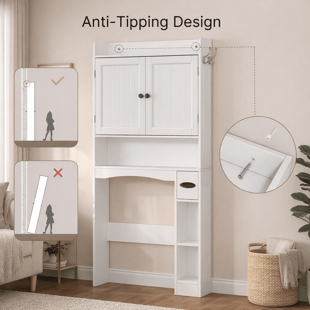 Aiho 70.3" Tall Over the Toilet Storage Cabinet, Bathroom Organizer Above Toilet with Adjustable Shelves & 2 Side Hooks, Space Saver for Bathroom, Laundry, White