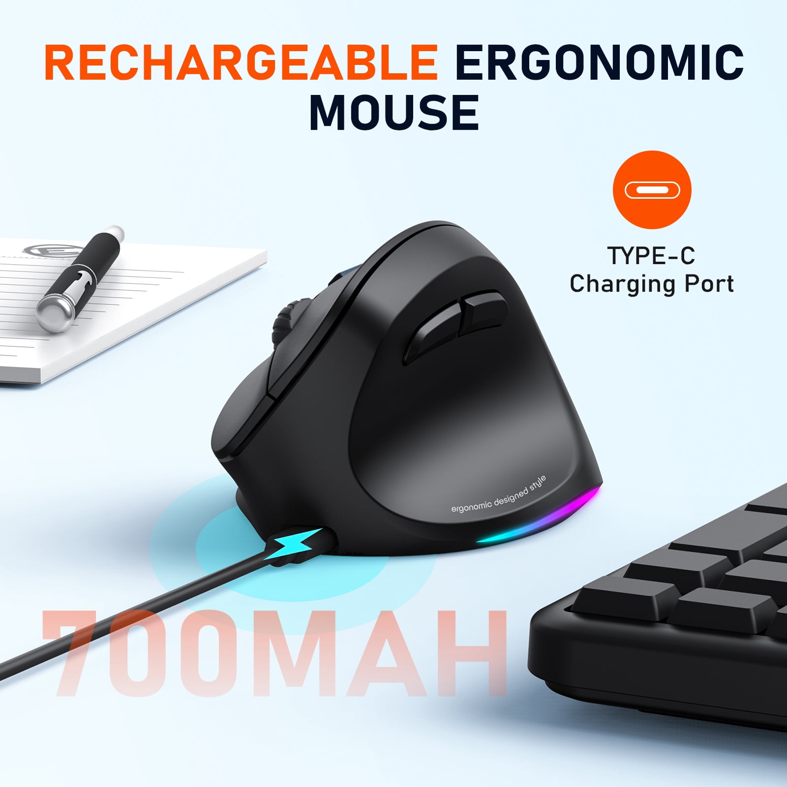 MEETION Wireless Mouse, Vertical Ergonomic Design, Rechargeable via Type-C, Bluetooth & 2.4G, Large Comfort Grip, Black