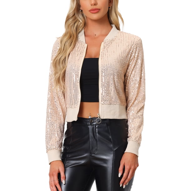 CHAQUETA BOMBER CORTA CON CREMALLERA Y BRILLO DE LENTEJUELAS PARA MUJERES INSPIRE CHIC TALLA XS ALBARICOQUES