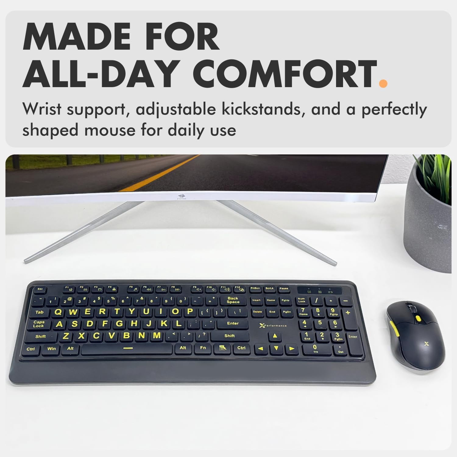 X9 Performance Large Print Wireless Keyboard and Mouse Combo - 4x Larger Oversize Yellow Letters for Seniors and Low Vision Users - 2.4Ghz Wireless Mouse and Keyboard Combo for PC