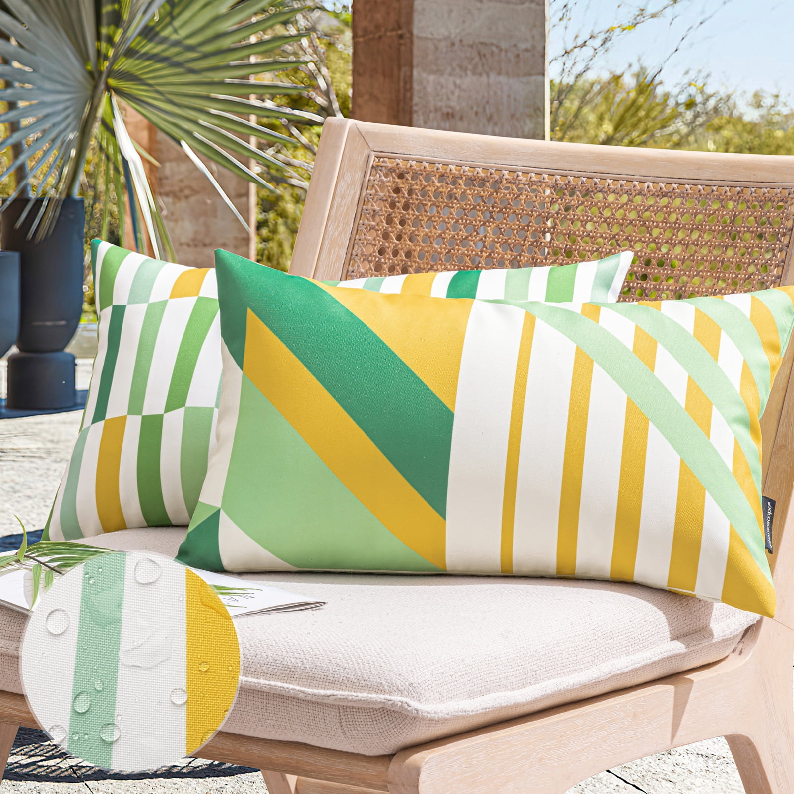 Phantoscope 2 Pack Waterproof Outdoor Decorative Throw Pillow 12x20, Geometric Color Block Patio Cushion Cases for Couch & Tent, Yellow & Green
