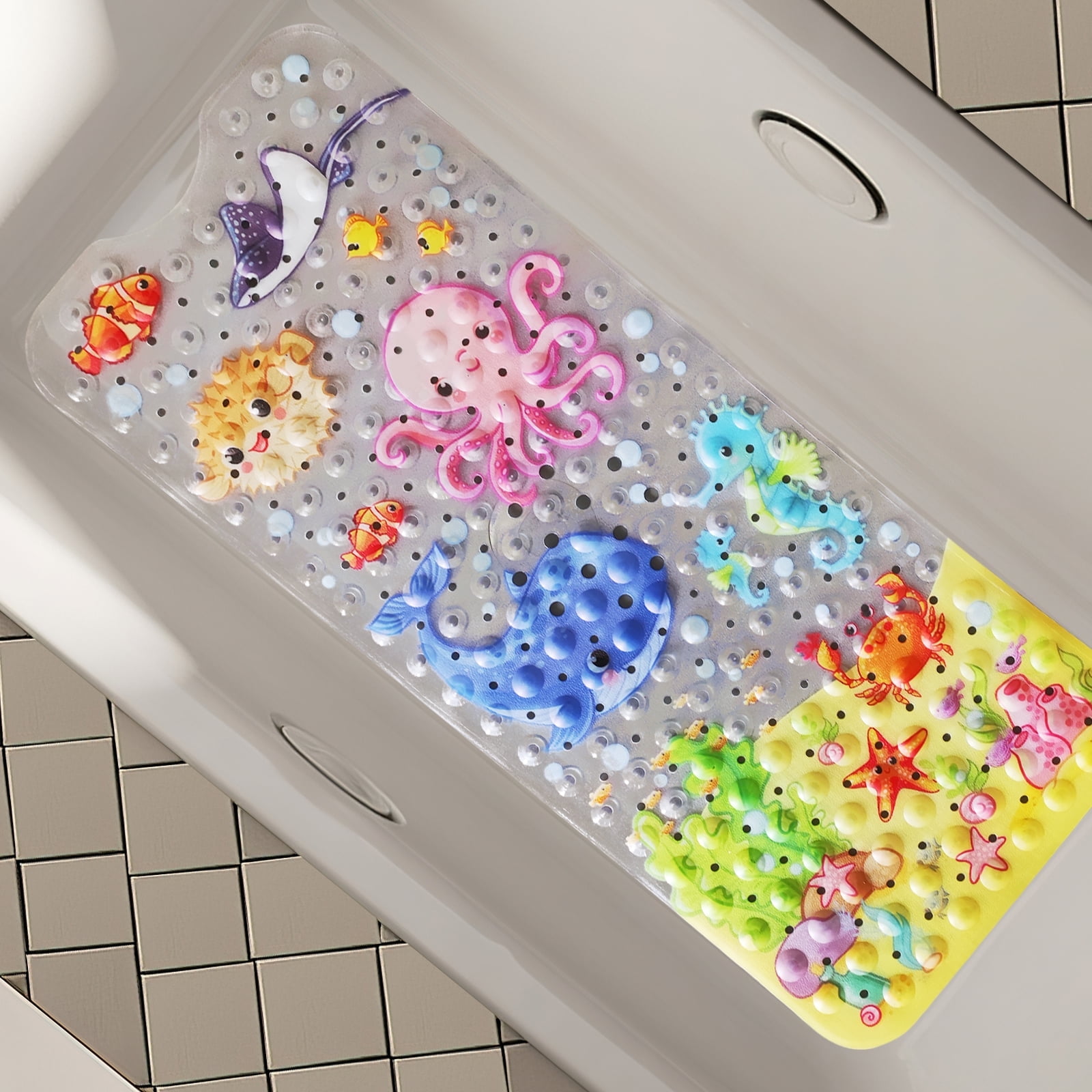 Secopad Kids Bath Mat for Tub Non Slip, 40 X 16 Inch Large Cartoon Anti Slip Toddler Baby Bath Mat