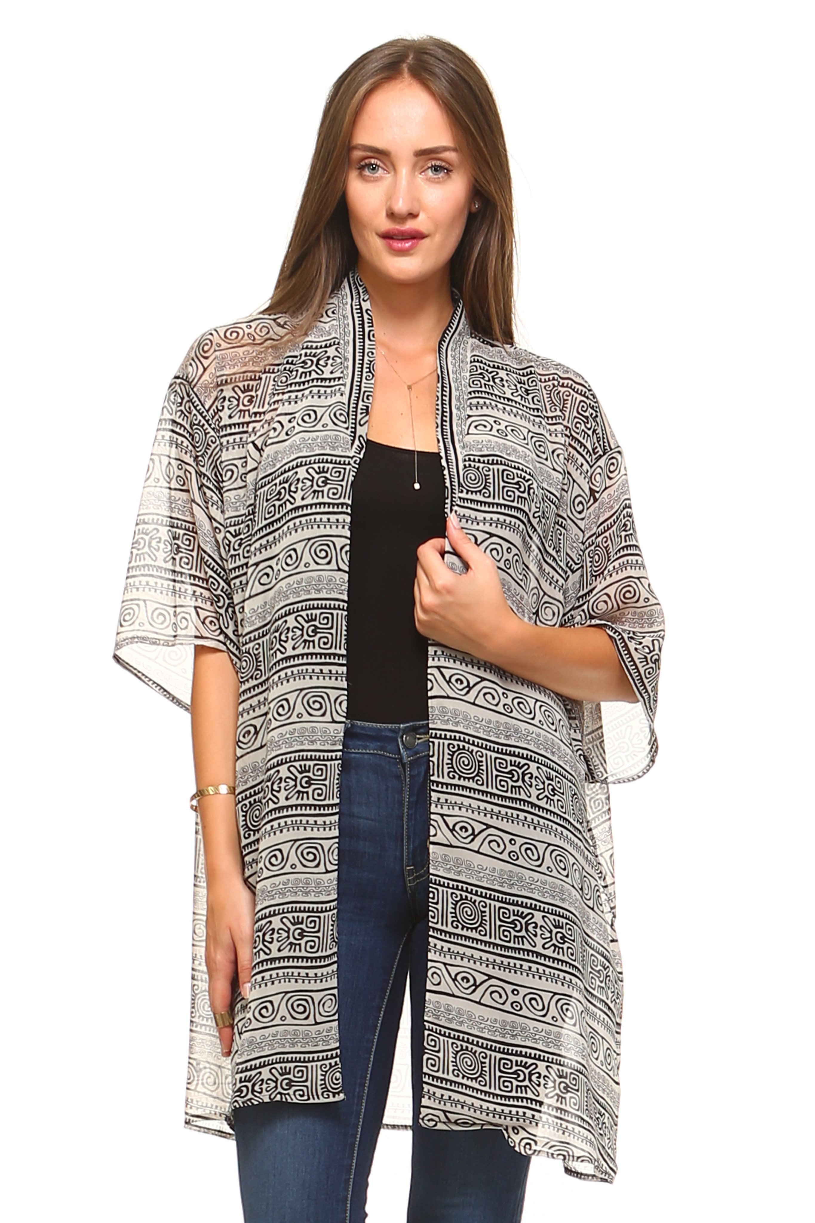 Exclusive Women's Sheer Aztec Kimono Cardigan - Taupe - Large - Walmart.com