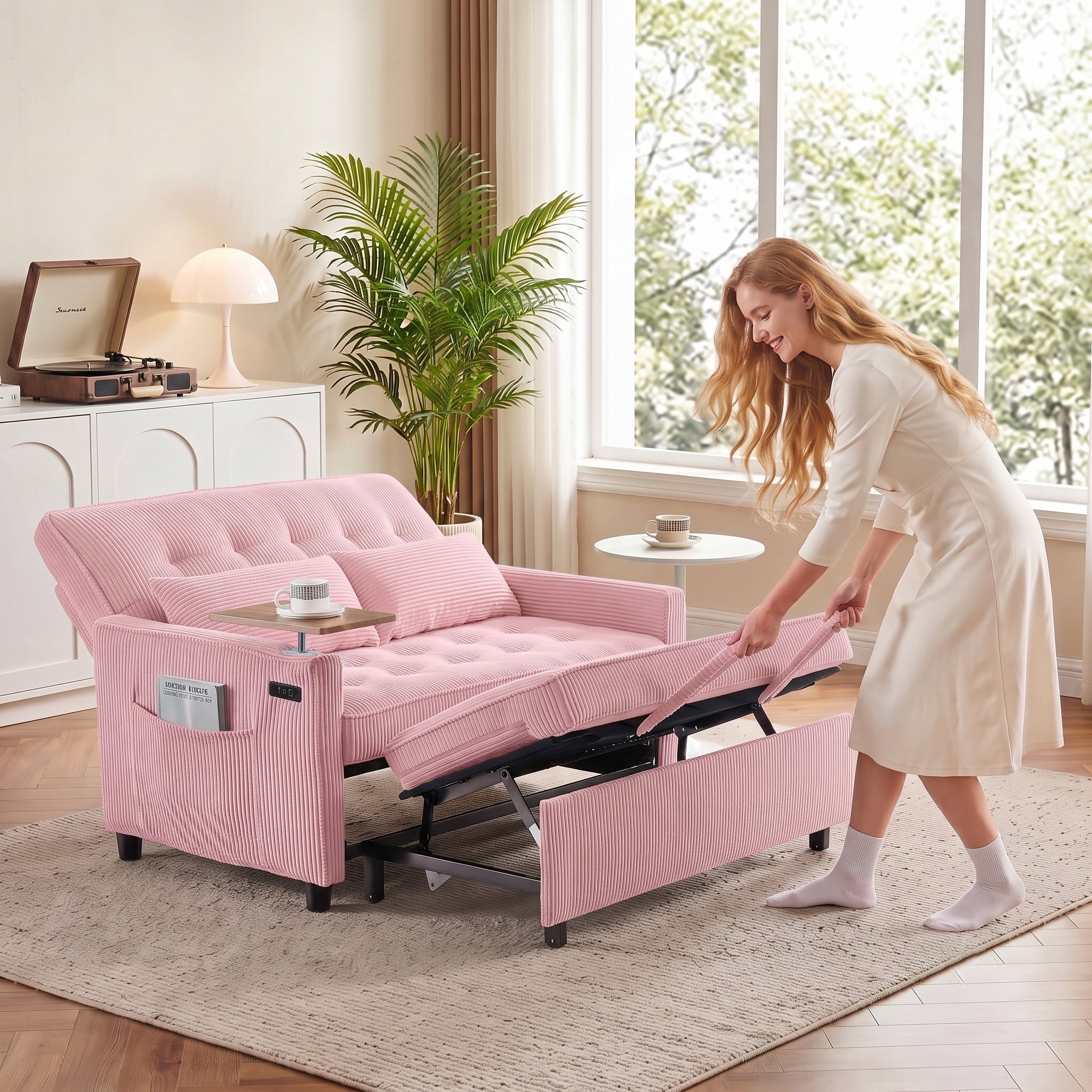 AISWORD 55" 3-in-1 Convertible Sleeper Sofa Bed, Pull Out Loveseat Couch with Side Tray Table & USB Charging Port, Adjustable Backrest Sofa for Apartment, Bedroom, Office, Pink