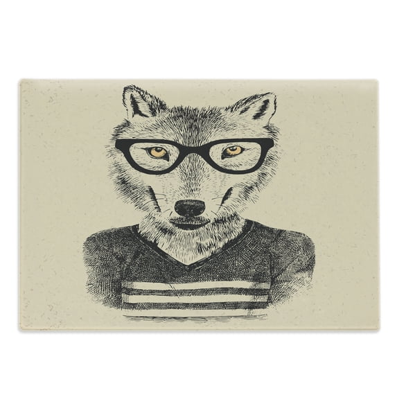 Hipster Cutting Board, Hand Drawn Design Portrait of Happy Wolf in Stripped T Shirt and Glasses, Decorative Tempered Glass Cutting and Serving Board, in 3 Sizes, by Ambesonne