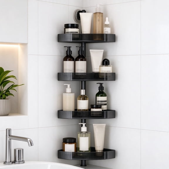 4-Tier Corner Shower Caddy, Adjustable Wall-Mount Shower Organizer Shelf, No-Drill Shower Storage Rack with Soap Dish, Razor Hooks & Toothbrush Holder, Black
