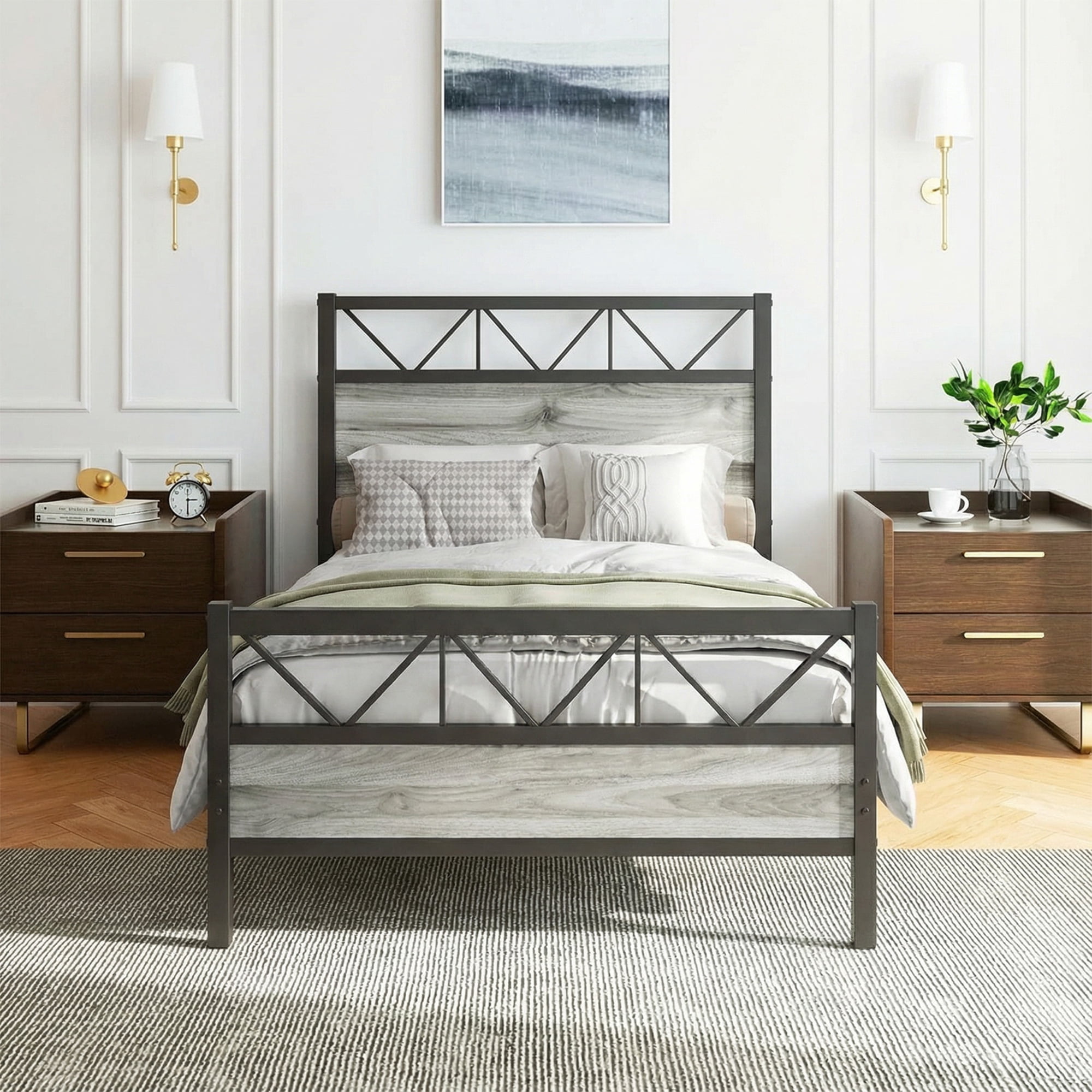4 EVER WINNER 51.2" Twin Size Metal Platform Bed Frame with Vintage Style Headboard and Footboard/Mattress Foundation/Under Bed Storage/No Box Spring Needed/Easy Assembly/Noise Free/Wash Grey