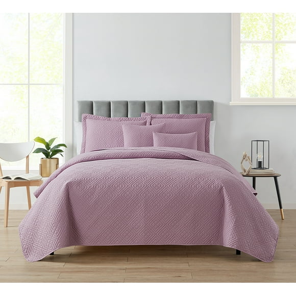 Clara Clark Home Quilt Set Bedspread - Ultra Soft Microfiber Embossed Pinsonic Lightweight Coverlet - Quilted Comforter 5 Piece Bedding Set - 2 Pillow Shams, 2 Euro Shams - Queen, Lavneder Dream