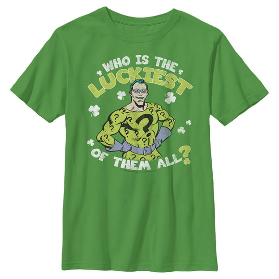 Boy's Batman St. Patrick's Day Riddler Who is the Luckiest of Them All? Graphic Tee Kelly Green Medium