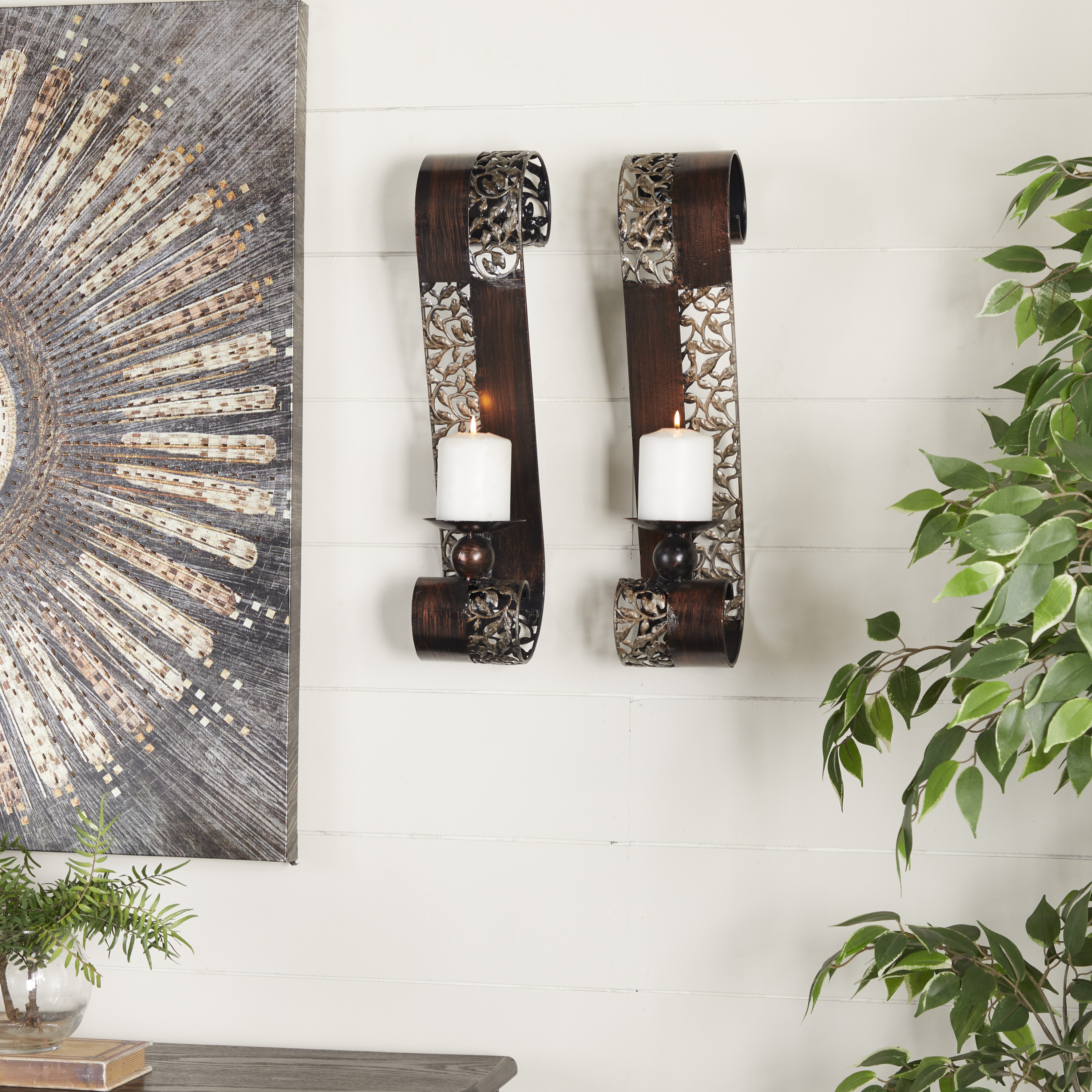 DecMode 2 Holder Brown Metal Wall Sconce with Scroll Designs, Set of 2