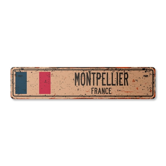 MONTPELLIER FRANCE Vintage Aluminum Street Sign French flag city country road rustic metal tin wall gift | Indoor/Outdoor | 18" Wide