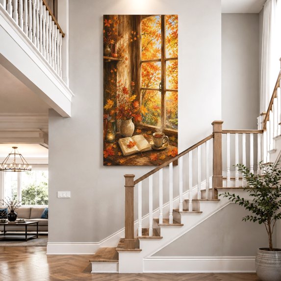 Canvas Wall Art, Fall Thanksgiving Framed Canvas Prints for Bedroom Dining Room, Farmhouse Book Maple Leaves Trees Forest Gallery Wrapped Wall Decor for Home Office, Gifts, 20"x40" Ship Next Day