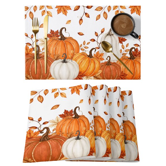 Thanksgiving Placemats Set of 1, Fall Harvest Orange White Pumpkins Red Maple Leaf Non-Slip Place Mats Washable Table Mats for Kitchen Dining Table Decorations Indoor/Outdoor