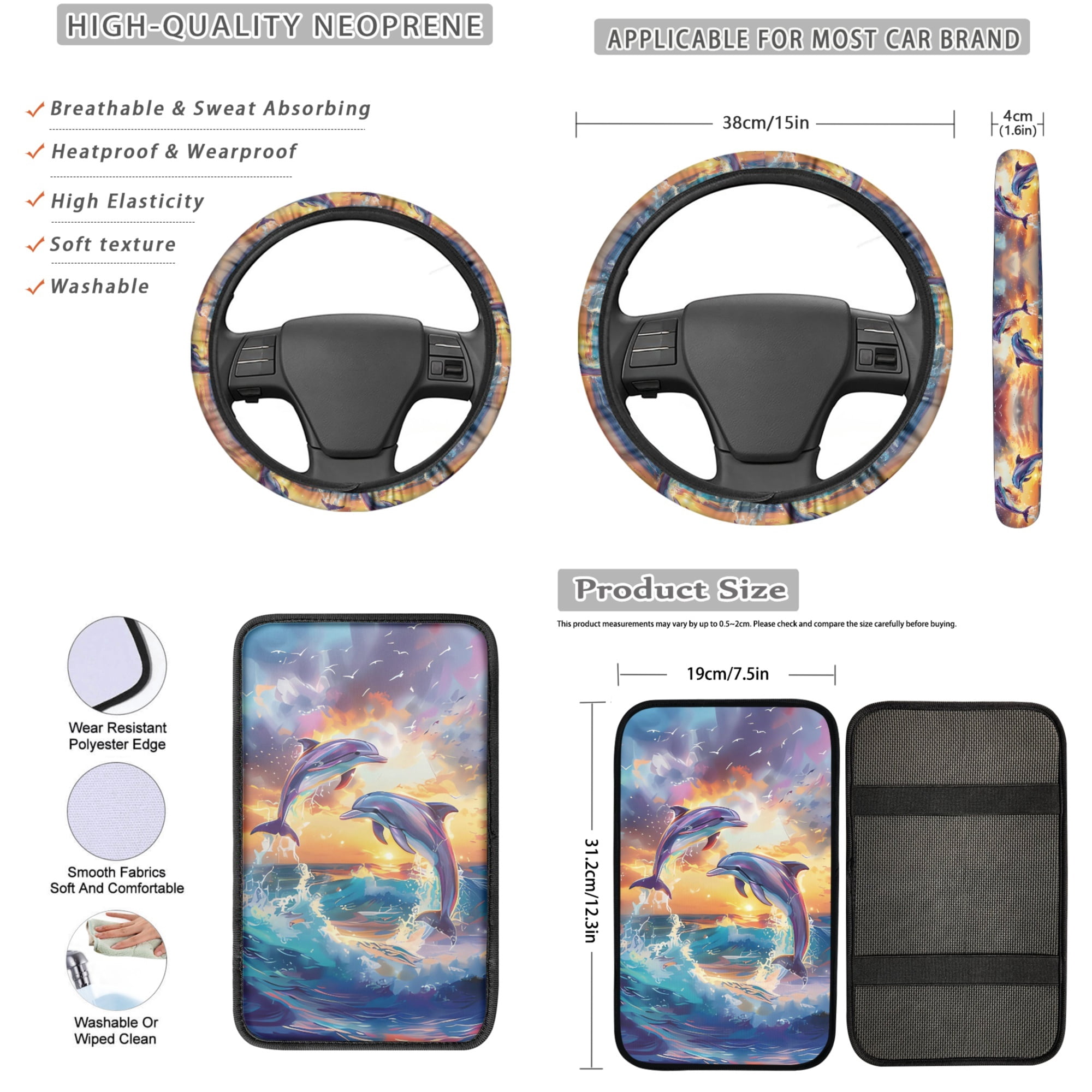 Jeiento Dolphin 13 PCS Set Car Seat Covers Steering Wheel Cover Seatbelt Strap Pad Armrest Cover Pad Cup Coasters Blue Ocean Key Ring for Women Men Automobile Interior Sets